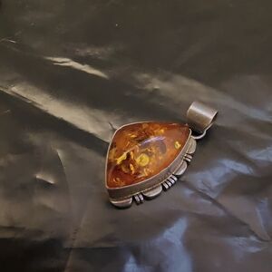T Yazzie Navajo Amber Sterling Silver Pendand